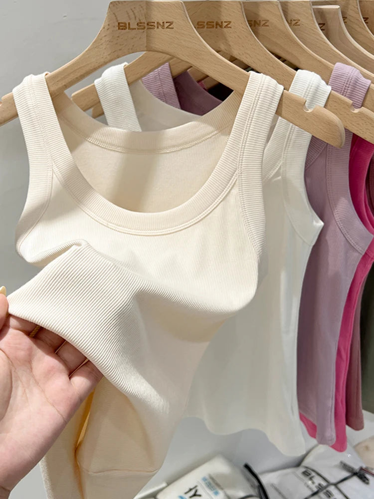 zjaiss Women Solid Round Neck Ribbed Tank Top Camisole Women 2025 Summer Basic Elastic Tank Top O Neck Solid Tank Top Beige