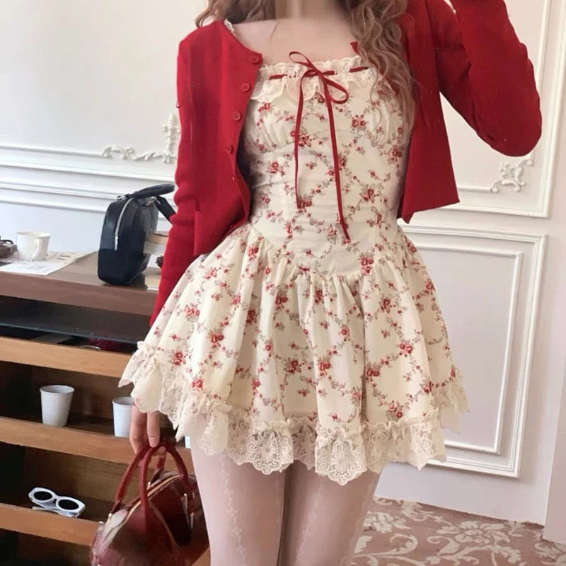 Y2K Sweet Floral Dress Set Woman Casual Red Short Cardigan Elegant Lace Mini Dress Female Korean Prairie Chic Clothing Suit 2 Piece Set