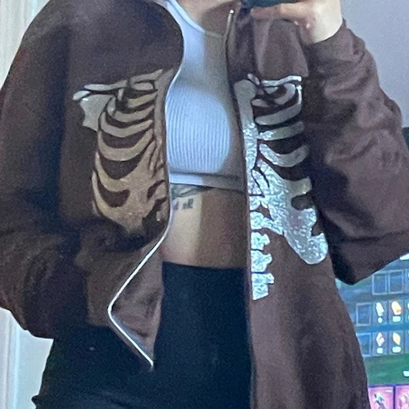 Y2K Rhinestone Cobweb Zip Up Oversized Sweatshirt 2022 Autumn Goth Hoodie Men Women Grunge Hooded Jacket Streetwear Y2K Clothing nz629-Brown