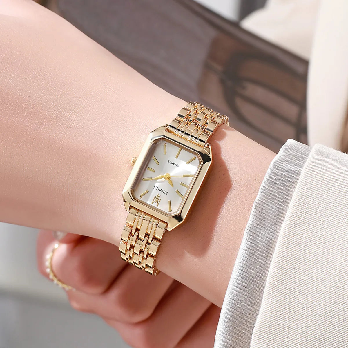 Women Watches Business Luxury Ladies Fashion Quartz Watch Simple Scale Square Quality Gold Plated Stainless Steel Folding Clock Coffee No