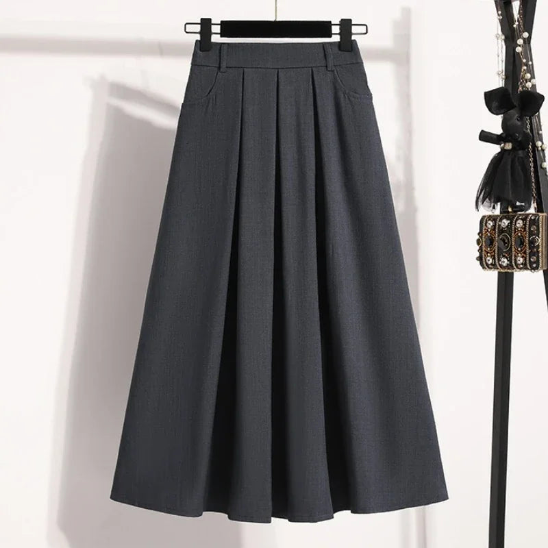 2025 Solid Color Versatile Medium Length Skirt Pleated Plus Size A-Line Maxi Gown Cover Hip Spring Summer New Half-length Skirt grey