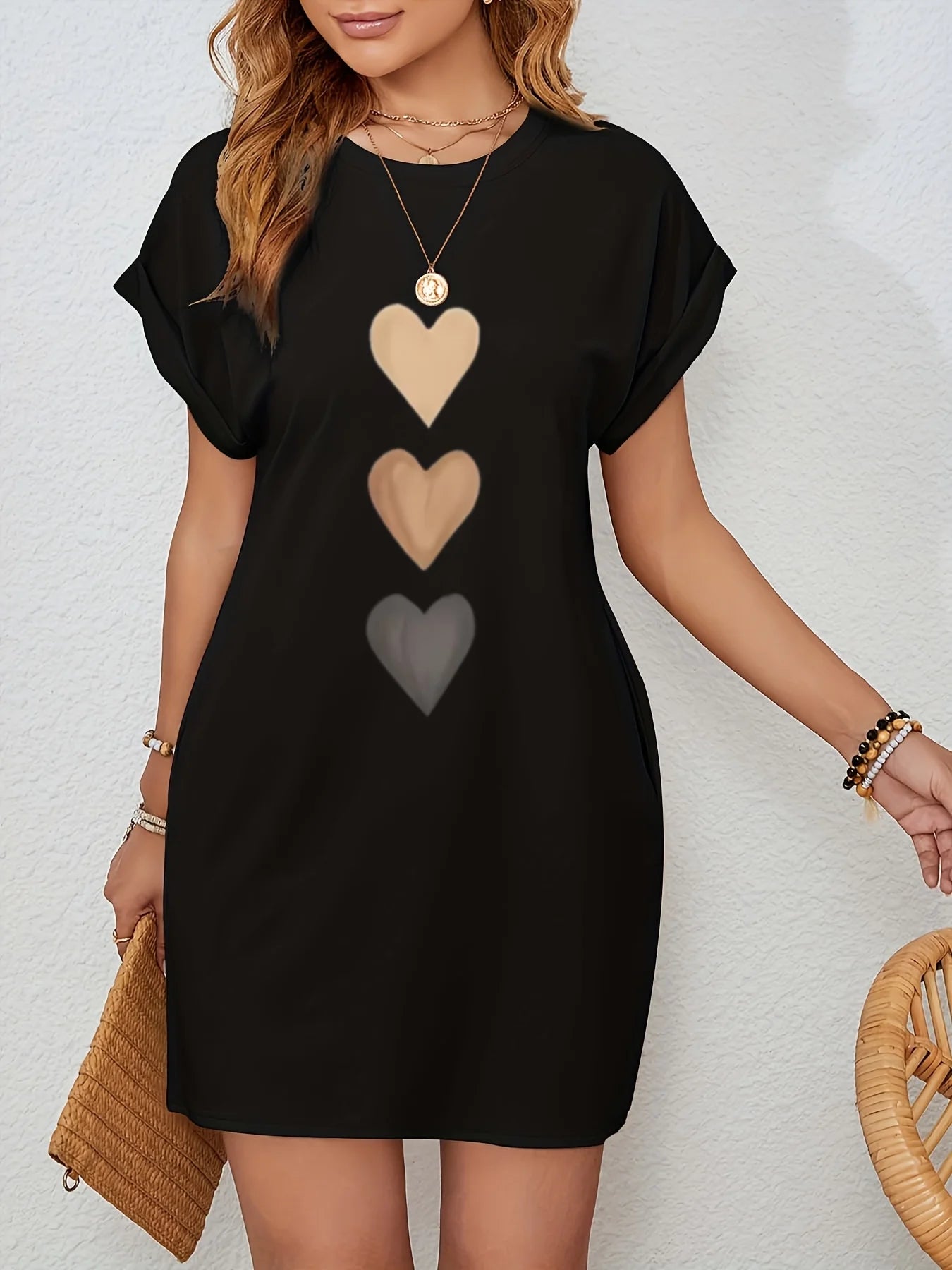 Women'S Casual Knit TShirt Dress with Heart Print Crew Neck Short Sleeve Fashionable Top Black with Colorful Flag Design Brown
