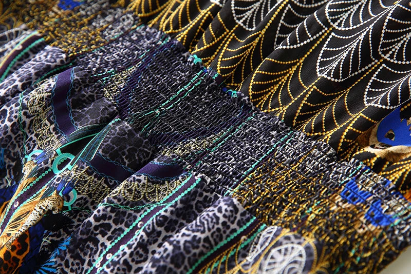 2025 Summer Bohemian Dresses For Women Elegant V-neck High Waist Women's Print Black Dress A-line 100% Real Silk Long Midi Dress Badiee Stylez