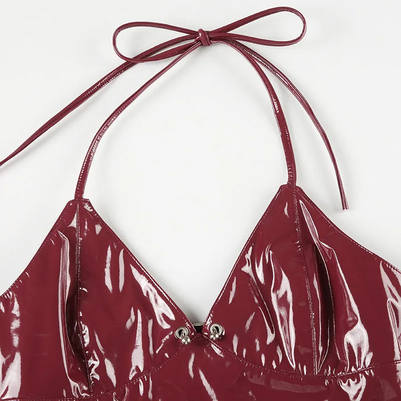 New y2k Solid Metal Button Women’s Halter Tops Sleeveless Pu Leather Punk Baddie Slim Women Blouses Streetwear Clothing Crop Top