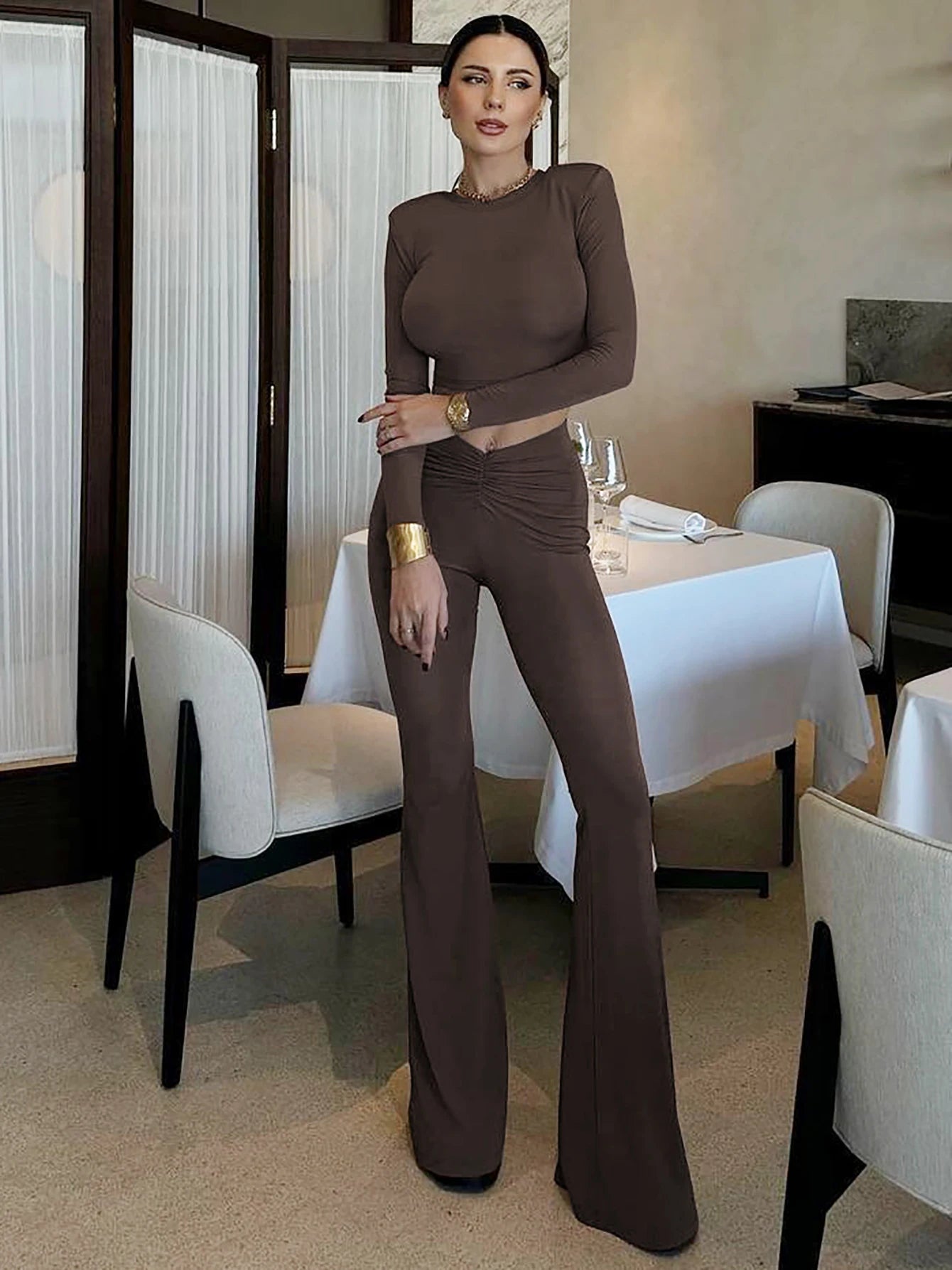Hawthaw Women 2024 Spring Autumn Long Sleeve Crop Tops Long Pants Two Piece Matching Sets Outfits Wholesale Items For Business Coffee