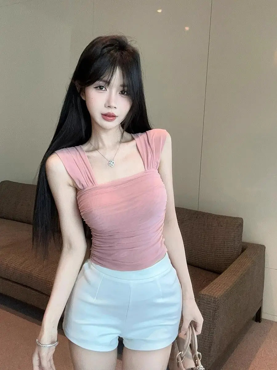 Women Clothing Summer Fashion Korean Solid Color Square Collar Ladies Simplicity All-match Appear Thin Short Sleeve Cotton Tops