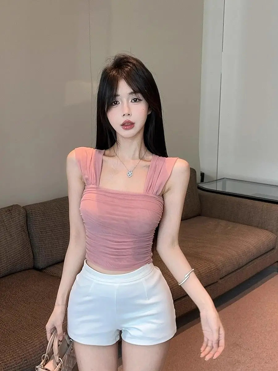 Women Clothing Summer Fashion Korean Solid Color Square Collar Ladies Simplicity All-match Appear Thin Short Sleeve Cotton Tops