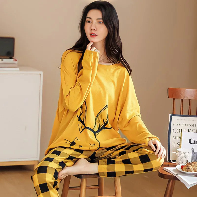New Ladies Pajamas Loungewear Set Women's Spring and Autumn Style Long Sleeved Autumn Winter Loungewear Women's Plus Size Pajama Yellow