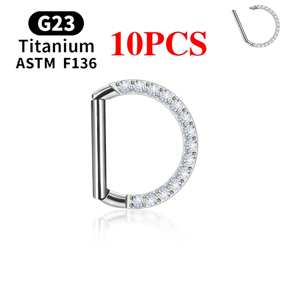 1/10PCS F136 G23 Titanium Piercing Nose Ring D Shape Hinged Segment CZ 16G Clicke Cartilage Tragus Helix Earrings Body Jewelry 10PCS Silver Color 2 CHINA