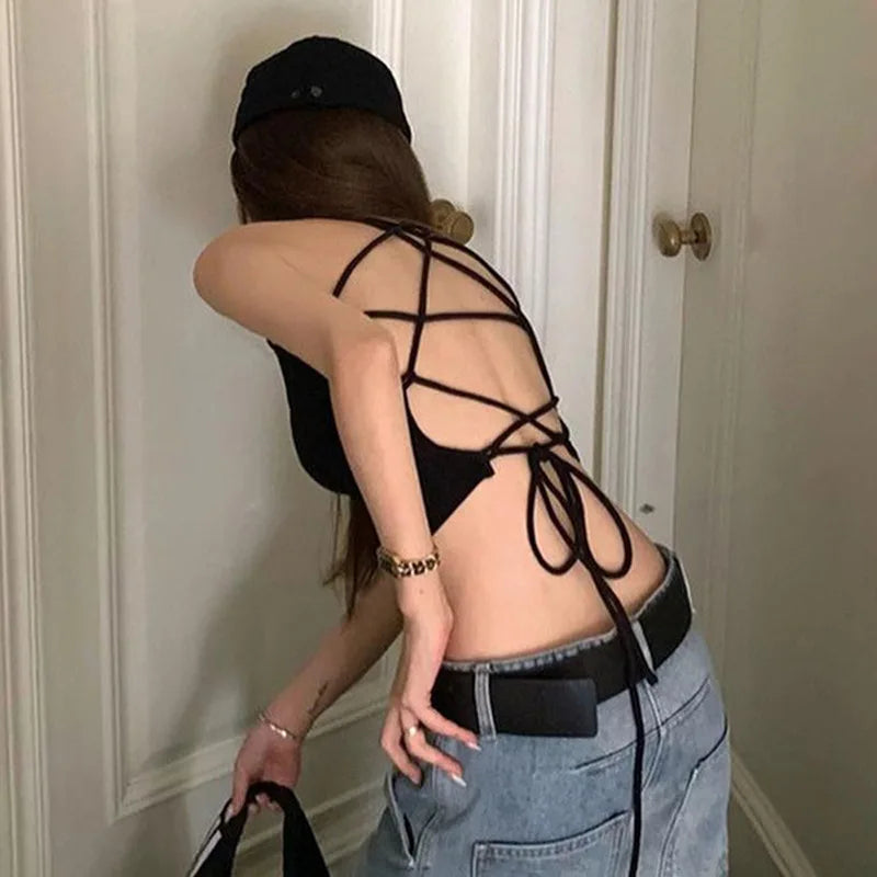 Y2K Women's Tops Backless Crop Top Sleeveless Sexy Cute Black Vest Tank Top Summer Cropped Vest Female 2000S Clothing