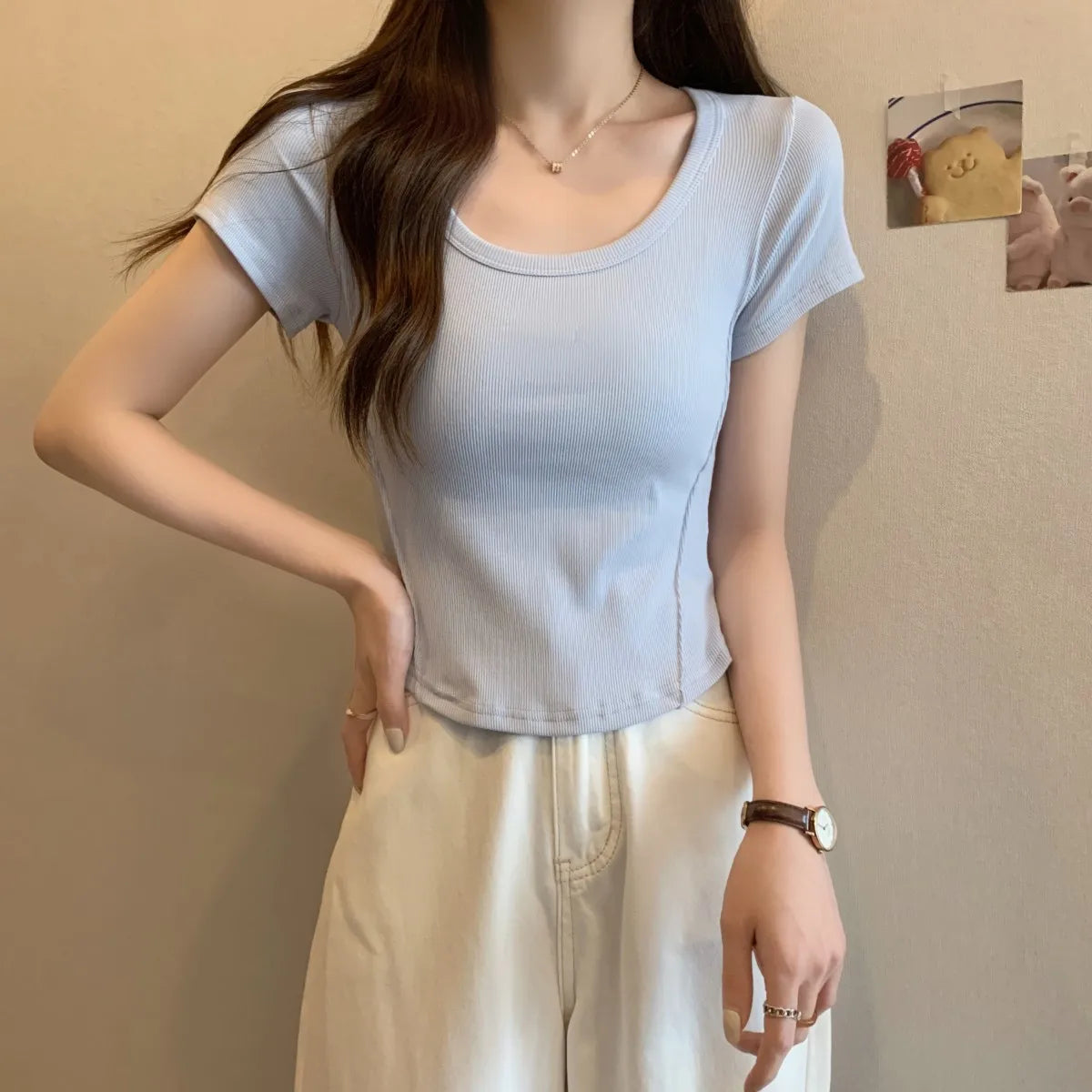Y2K T-shirt Women V-neck Irregular Short Sleeve Crop Top New Korean Fashion Slim High Waist Solid Tee Shirt Woman Sexy Clothes
