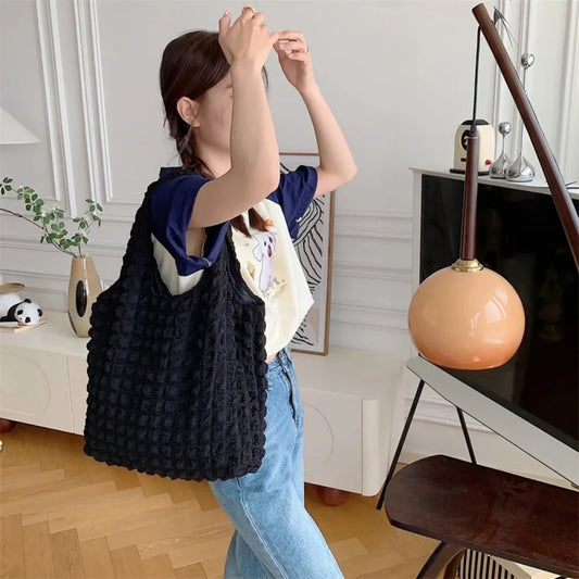 Summer Pleated Bubble Cloud Women Shoulder Bag Vintage Candy Color Large Capacity Shopping Tote Bag