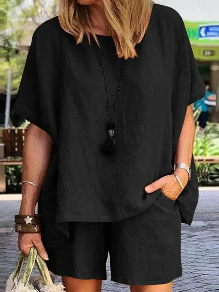 2024 Summer Fashion Cotton and Hemp New Elegant Women's Casual Two Piece Set Short Sleeved Top Waist Wide Leg Pants Set black