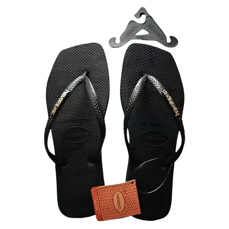 2025 Summer New Women's Square Toe Rubber Flip Flops Outdoor Beach Sandals Luxury Casual Slippers Size 35-42 Women's Shoes Black-V