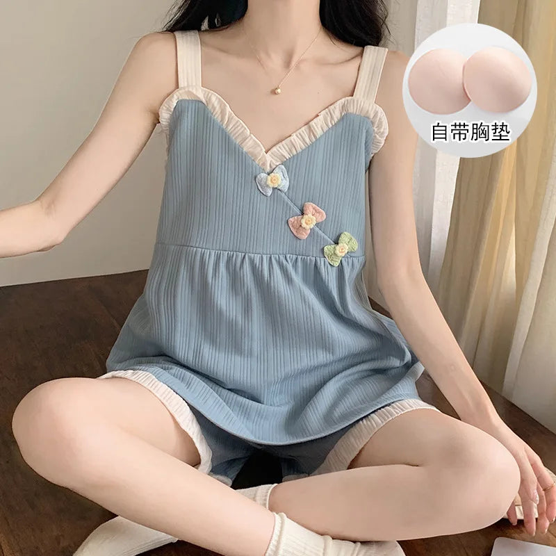 Two-piece Summer Solid Color Suspender Suit Pajamas for Women Sweet with Chest Pad Pajamas Vests Home Clothes 여자 잠옷 G