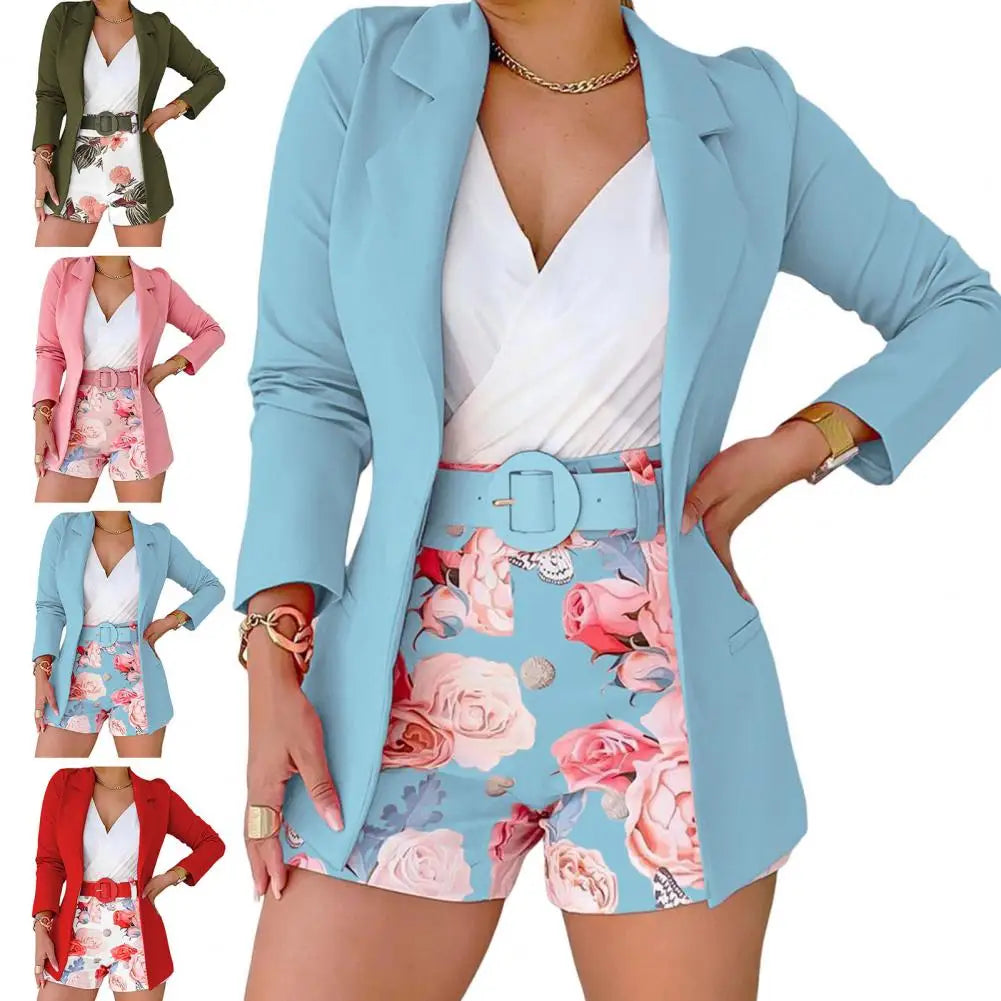 2 Pcs/Set Women Coat Shorts Set Solid Color Long Sleeves Female Outfit Set Flower Print Turn-down Collar Lady Top Shorts Suit