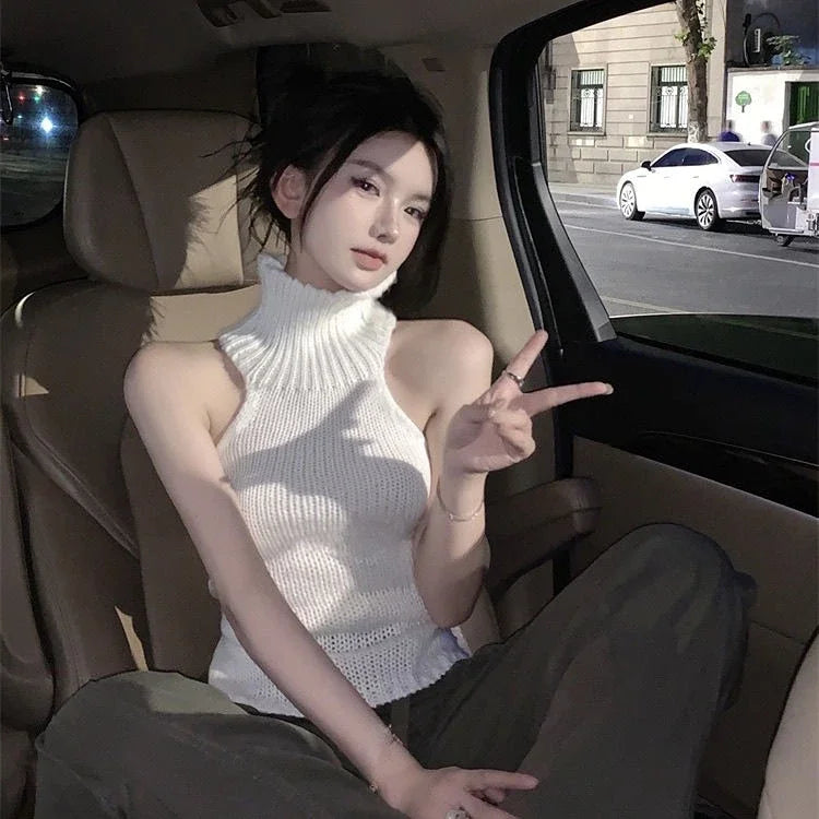 Crop Top Summer Y2K Clothes Fashion Sleeveless Shirts Turtleneck Tees Bandage Tanks Hollow Out Tops Women Sexy Gothic Clothing white