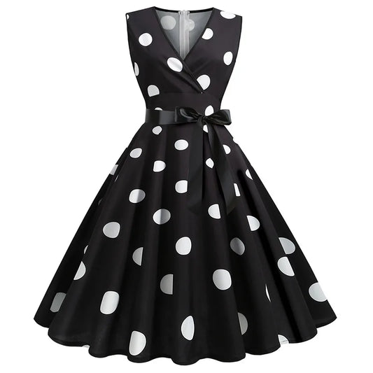 Summer V-neck sleeveless polka dot lace-up waist tucked vintage swing dress