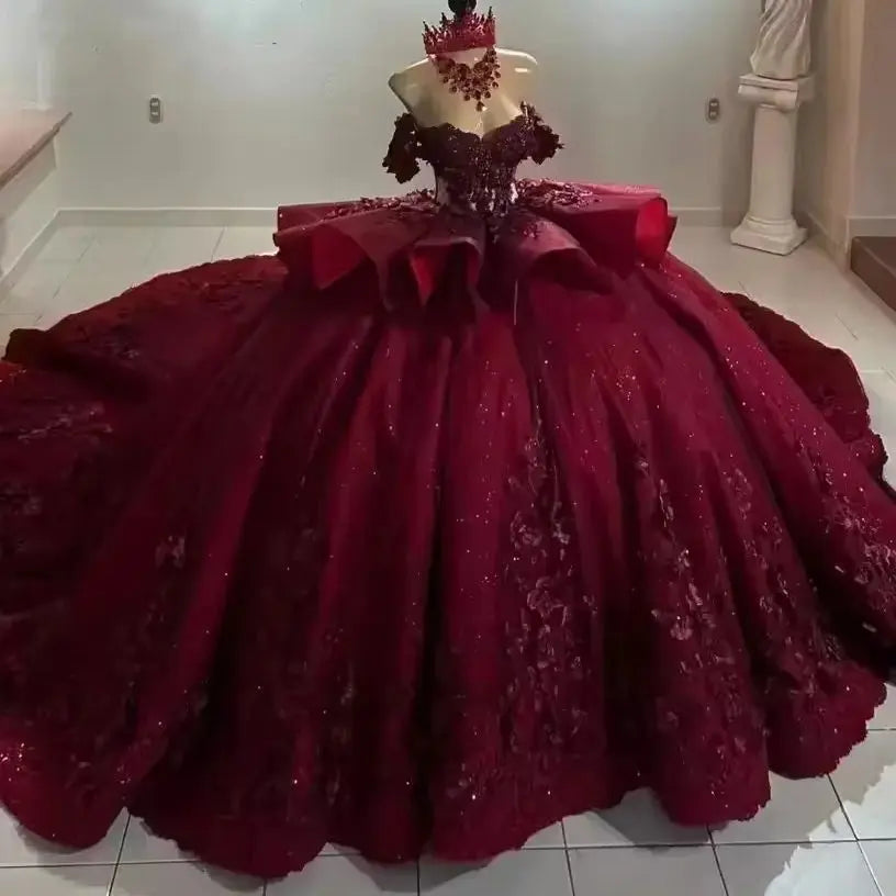 ANGELSBRIDEP Glittering Burgundy Quinceanera Dress Beading Lace Flower Birthday Party Court Train Vestidos De 15 Anos Customized Badiee Stylez