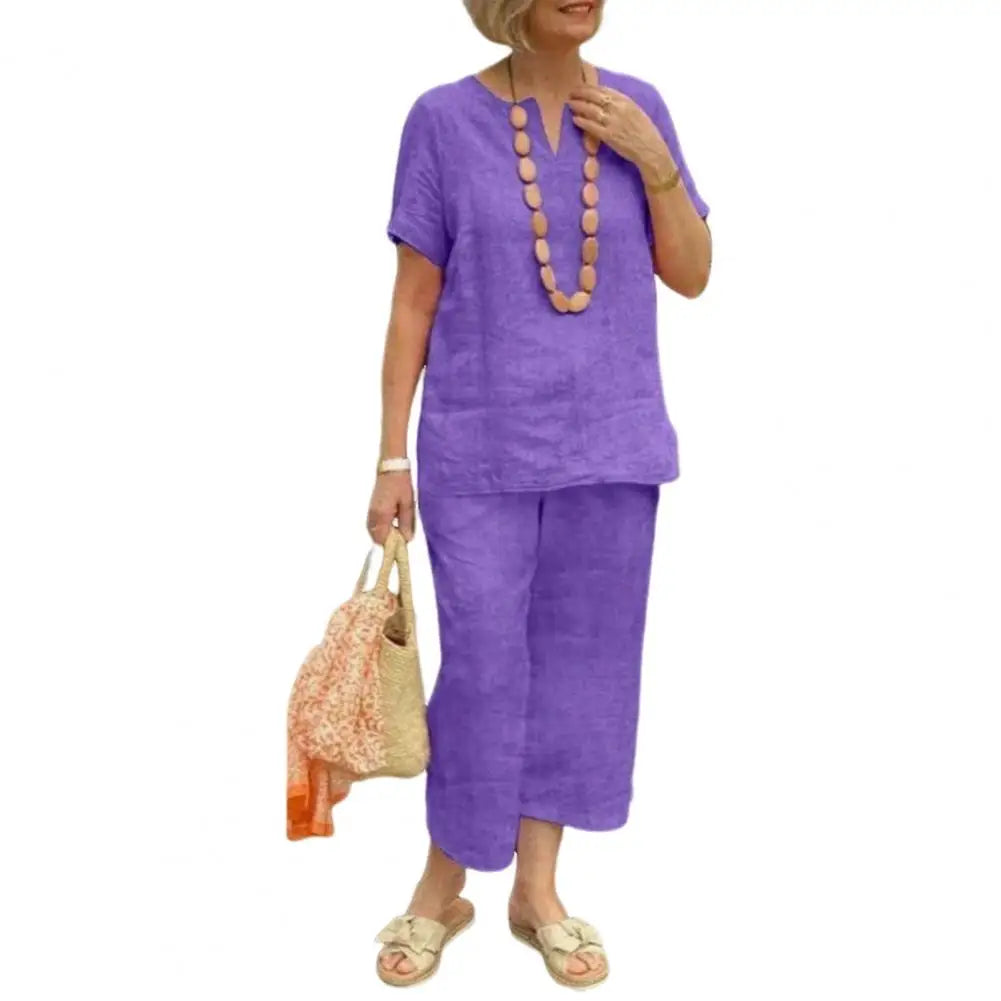 2Pcs Women Blouse Pants Set Solid Color Short Sleeve Loose Top Wide Leg Straight Pants Sets Casual Matching Tracksuit Outfit Purple