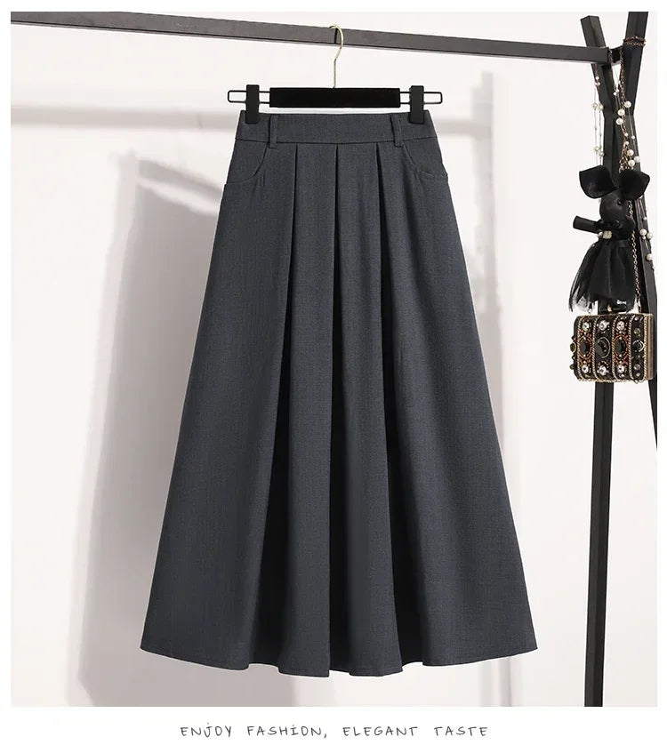 2025 Solid Color Versatile Medium Length Skirt Pleated Plus Size A-Line Maxi Gown Cover Hip Spring Summer New Half-length Skirt