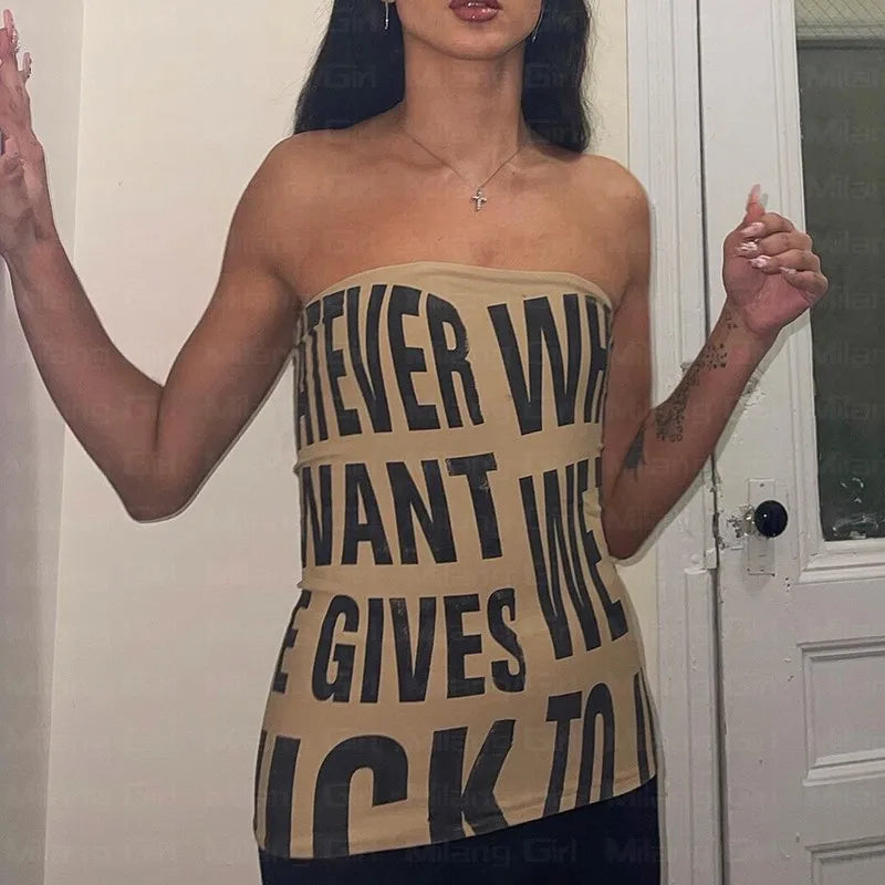 Red Dress Letter Slogan Printed Hot Bodycon Y2k Clubwear Sexy Trendy Tube Top Mini Dresses Summer Clothes for Women Fashion Sexy Khaki