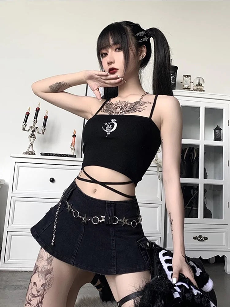 Gothic Women's Print Suspender Sleeveless Square Neck Slim Crop Top Sexy Halter Bottoming Shirt Girls Party Wear