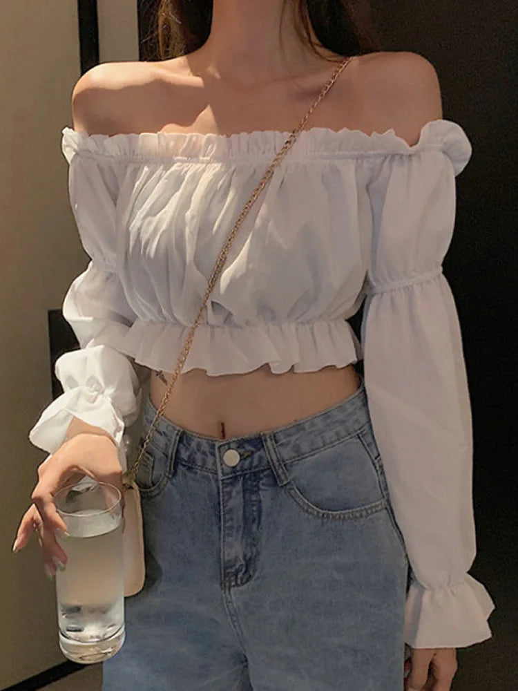 Women Top Sexy Blouse Off Shoulder Top Long Sleeve Solid Color White Shirt Puff Sleeve Ruffle Tunic Crop Top Summer Tube Top WHITE