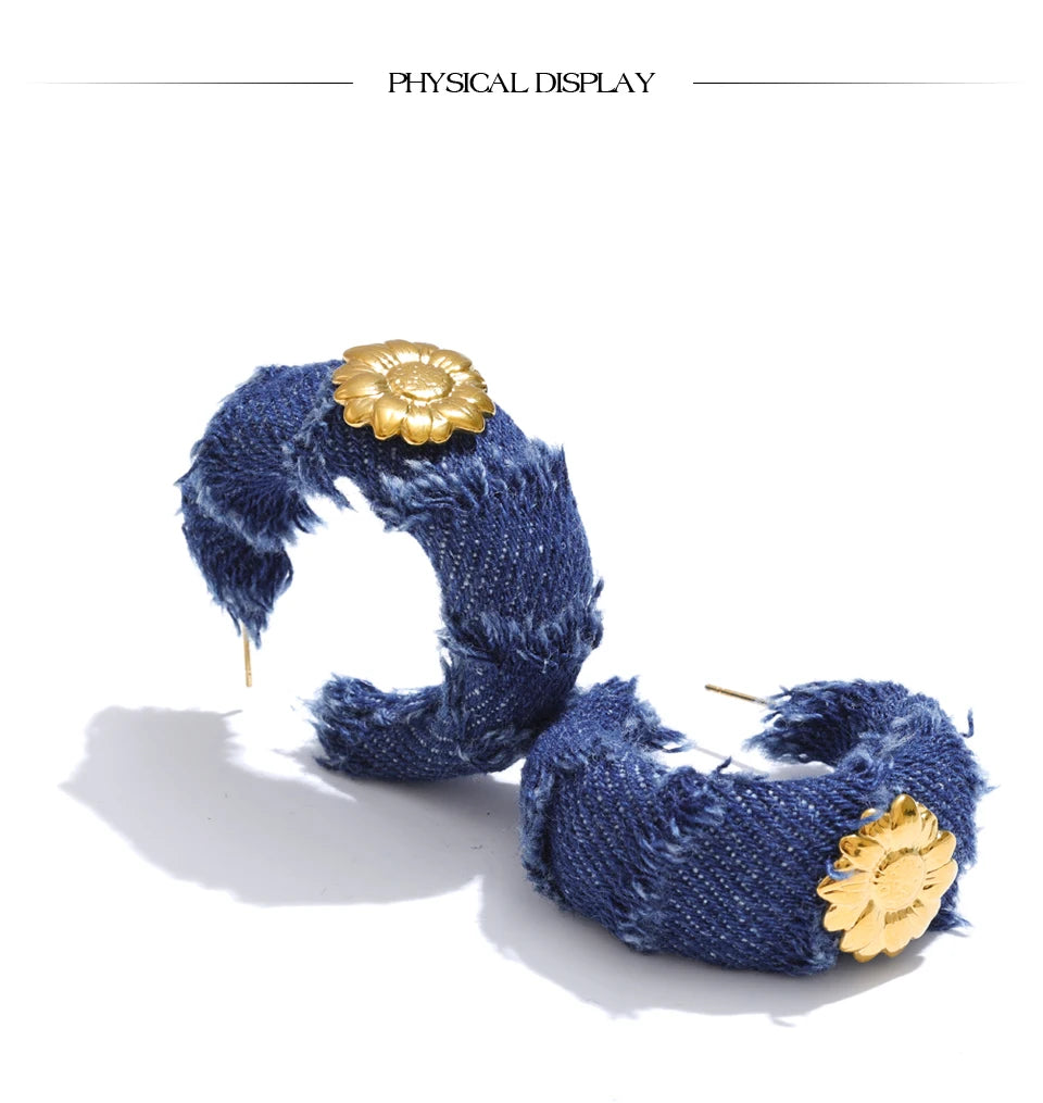 Yhpup Creative Blue Denim Flower C Shape Hoop Earrings Women Stainless Steel Popular Jewelry Autumn & Winter New 2025 Wholesale