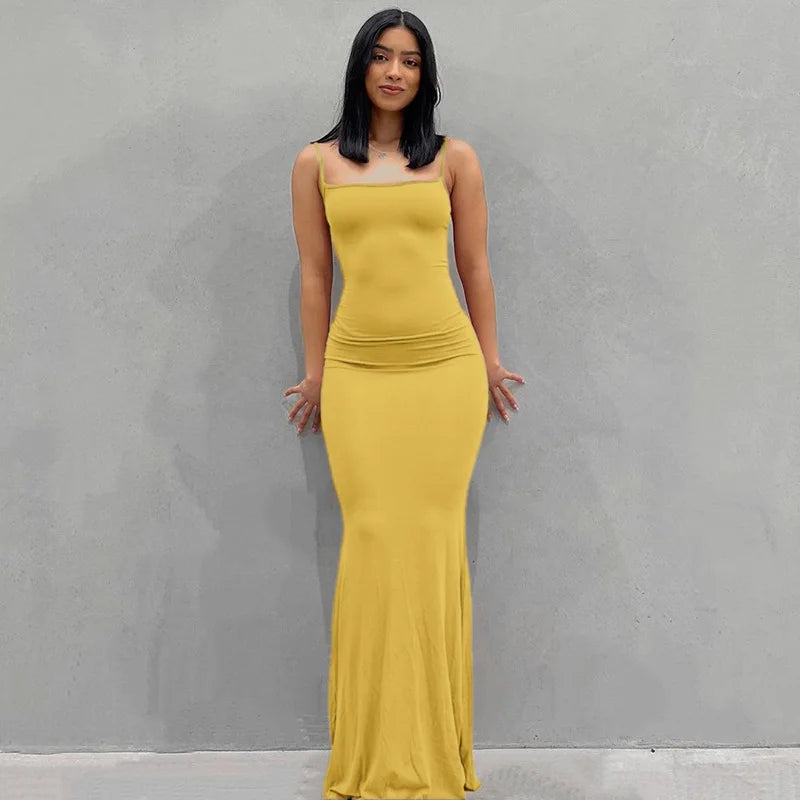 Europe and the United States cross-border foreign trade women 2024 solid color sexy slim high step slip dress yellow