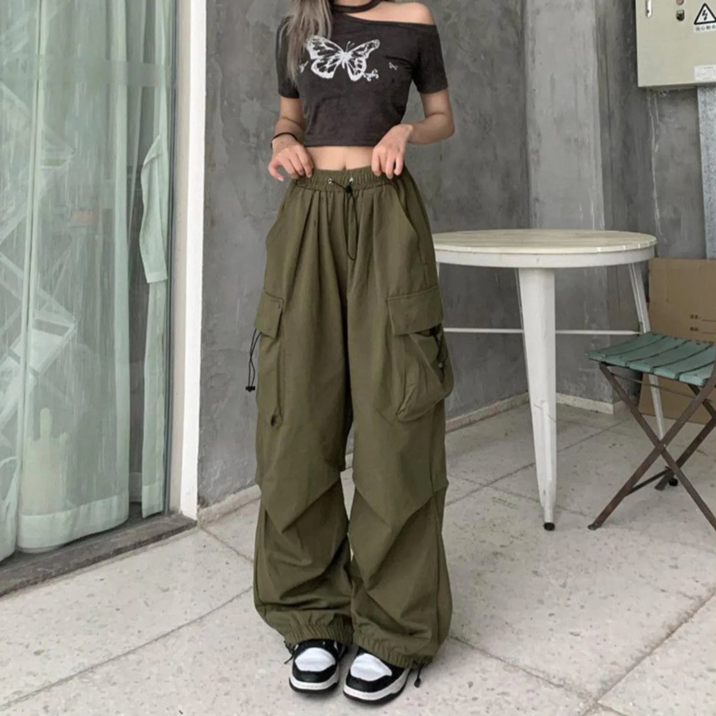 Womens Camouflage Cargo Pants Streetwear Hip Hop Baggy Trousers Casual Drawstring Joggers Pockets Loose Wide Leg Sweatpants Dark Green
