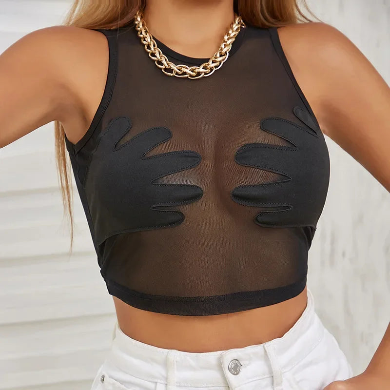 Fashion Round Neck Sleeveless Y2k Top Sexy Net Yarn Slightly Sheer Women Clothing High Stretch Embroidery Streetwear Crop Top