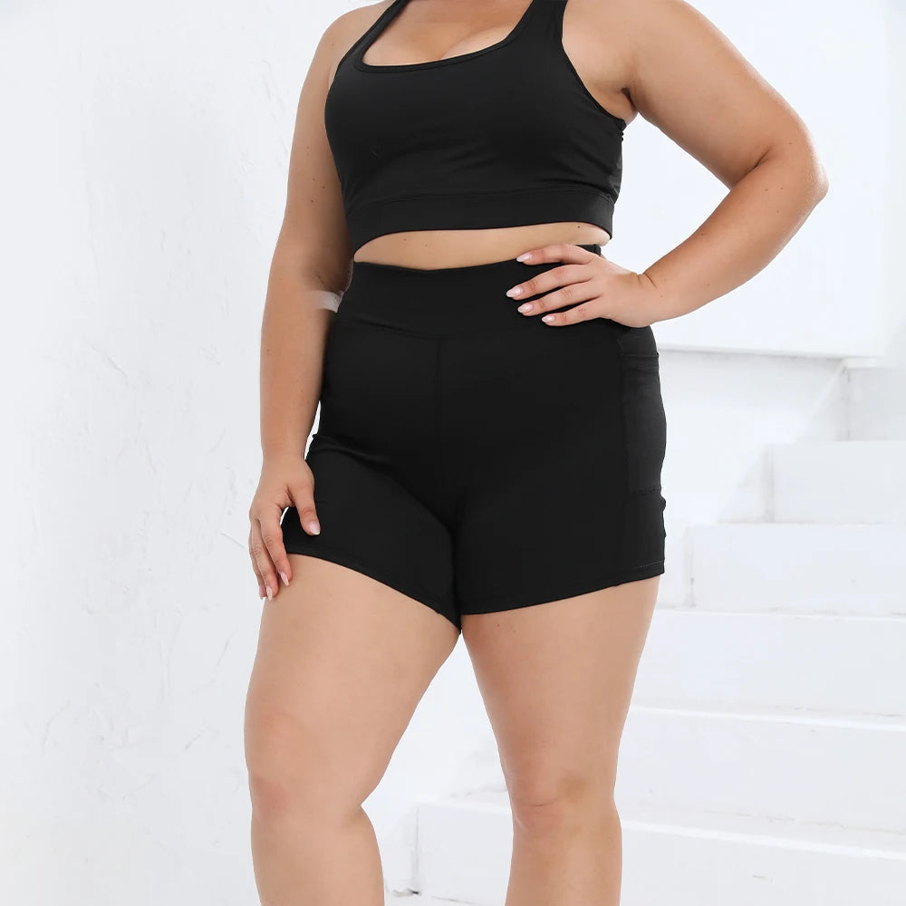 Plus Size High Waist Yoga Shorts for Women With Side Pockets Black Sports Gym Fitness Workout Running Pants 0XL-4XL