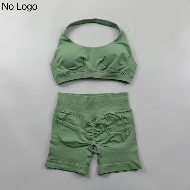 Fitness Shorts Sets Seamless Yoga Set Women 2Pcs Halter Sports Bra Scrunch Butt Gym Shorts Set Workout Clothes Summer Sportswear Badiee Stylez