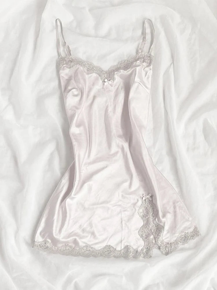 Casual Women's Dress Summer Streetwear Bow cute Lace Grunge vintage Harajuku Emo Girls Slim Sexy Fashion Women's suspender Skirt WHITE