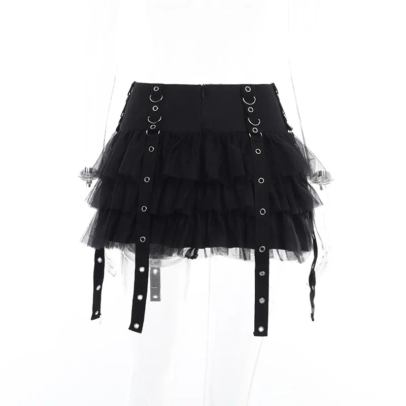 Y2K Street Dark Devil Cloth Strip Pleated Skirt Metallic Buckling Lace Layer Cake Short Skirt Women‘s High-end Design Sex Skirt