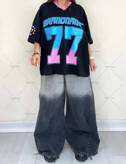 Y2K Harajuku Trendy Streetwear Top American Retro Digital Striped Print V-neck T-shirt Hip-hop Goth Casual Loose Jersey Women