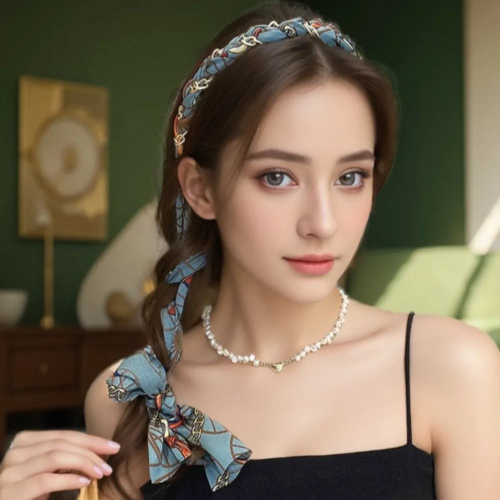 Retro Silk Scarf Headband Floral Print Pearl Braided Hairband Adjustable Bow Non Slip Ribbon Hairband for Women Girls Kid
