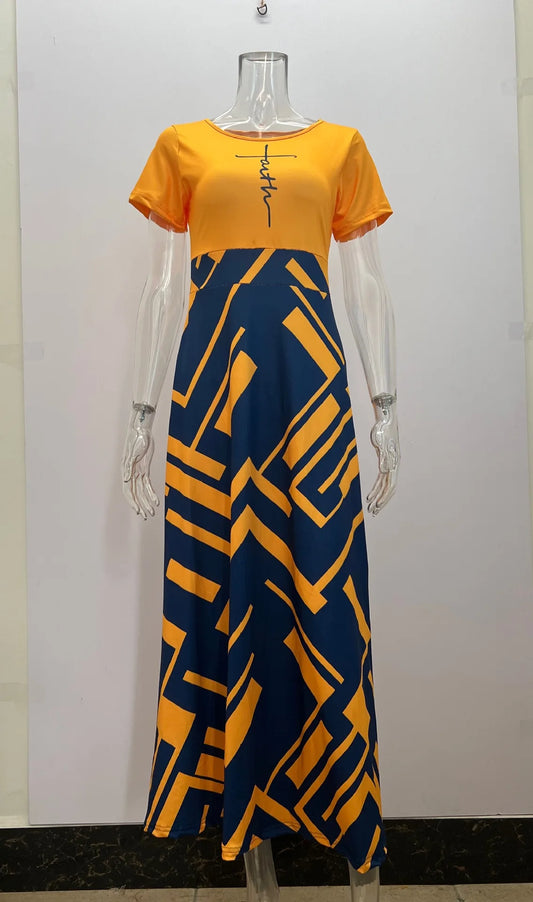 Plus Size European and American women's cross-border summer new casual printed patchwork short sleeved dresses