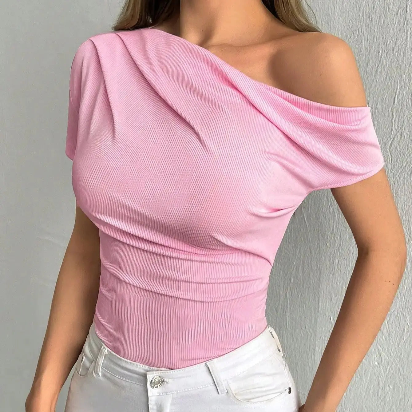 Pure Wind Oblique Shoulder Short-sleeved T-shirt Women's Summer Design Sense Slim-fit Off-shoulder Clothing Looks Thin 11204-80-pink