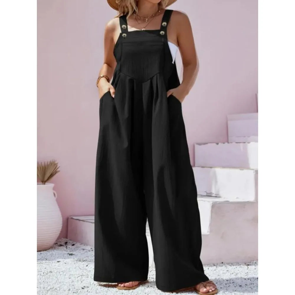 Plus Size New Women's Summer Solid Color Jumpsuit Elegant High Waist Casual Long Jumpsuits black