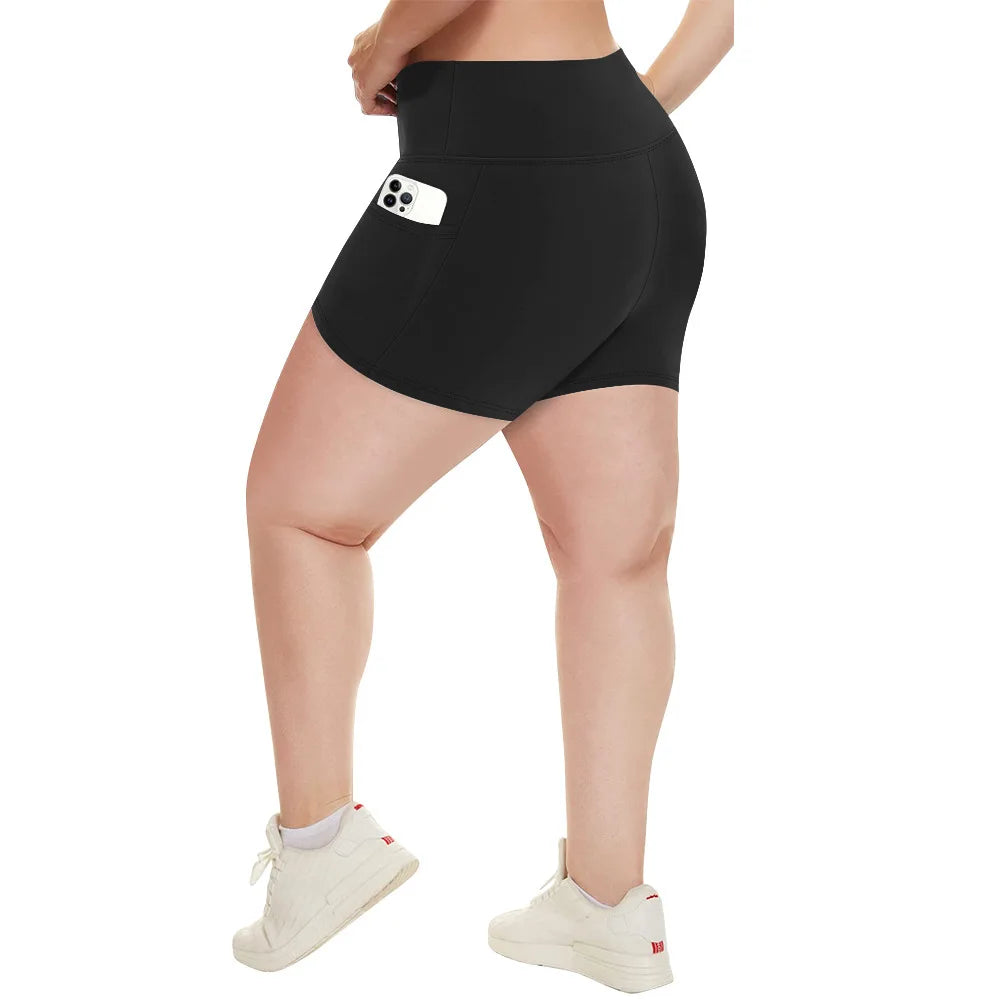 Plus Size Fit Yoga Shorts for Women's High Waist Side Pocket Workout Running Tight Stretchy Athletic Summer Fashion Slim Shorts