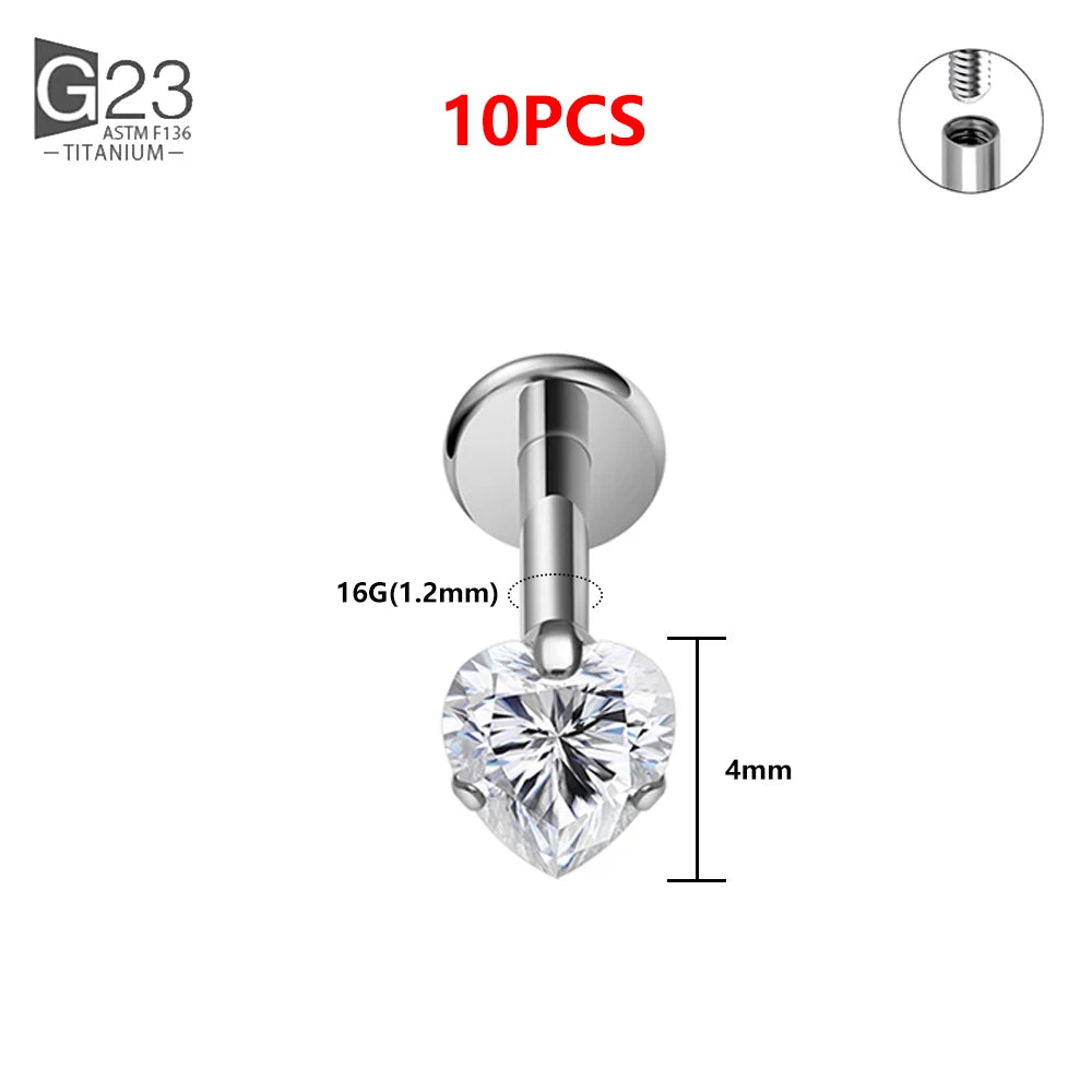 1/10PCS ASTM F136 Titanium 16G Heart CZ Threaded Labret 3mm/4mm CZ Cartilage Tragus Helix Nose Stud Piercing Jewelry 10Pc Tit 4mm CZ