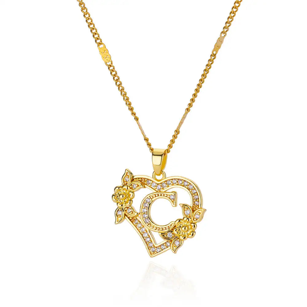 Zircon Flower Heart Initials Necklaces For Women Stainless Steel Heart Lover Gold Color Letter Chain Collar Necklace Jewelry C CHINA