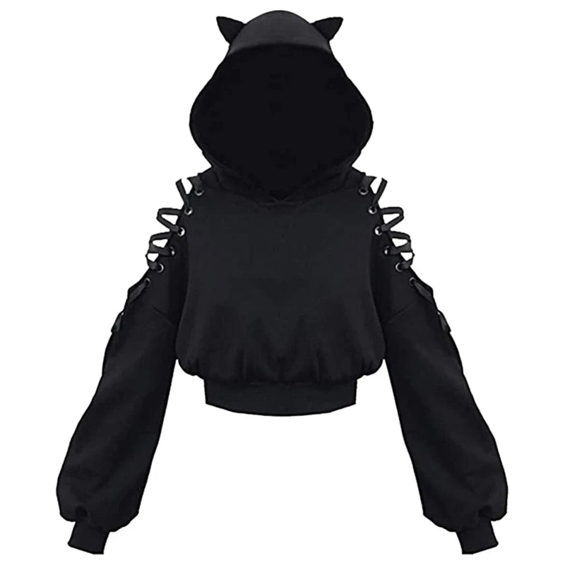 Y2k Gothic Womens Hoodie Cat Ear Crop Top Hooded Sweatshirt Hollow Out Lace Up Long Sleeve Hodded Casual Pullover Autumn A