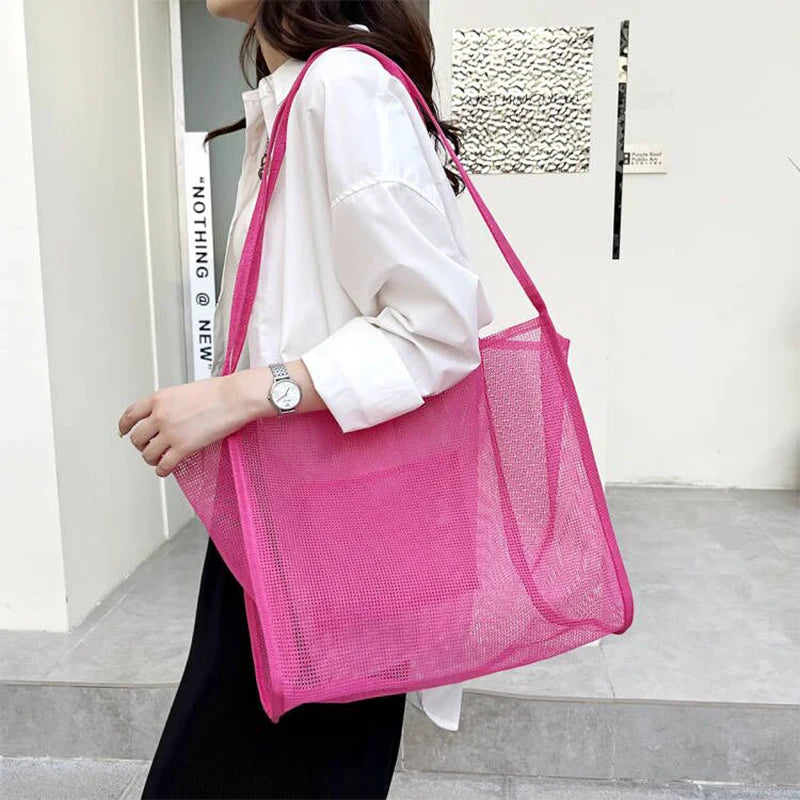 Summer Fashion Mesh Handbag Totes Hollow Out Shoulder Bags For Women Female Casual Fashion Large Capacity Shopping Pack rose 38x40x23cm