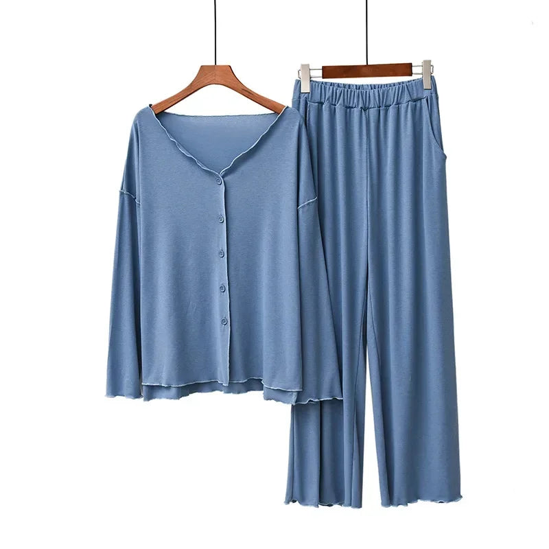 Japanese new style cotton pajamas suit ladies spring and autumn cardigan solid color long-sleeved trousers home service suit Lake Blue One Size