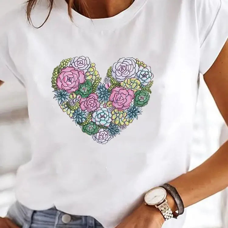 Love Heart Print Women Summer T Shirt Girl O Neck Funny Y2K Tops Tee Female 90s Casual Clothing LAQA33363
