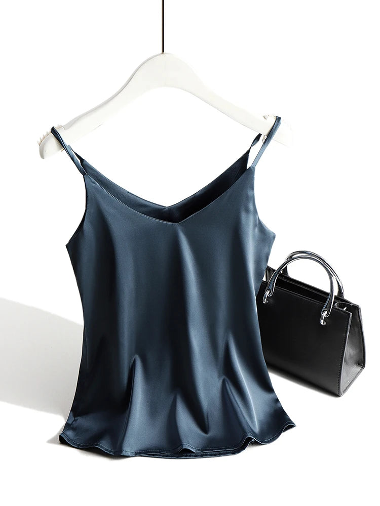 Spaghetti Strap Top Women Halter V Neck Basic White Cami Sleeveless Satin Silk Tank Tops Women'S Summer 2025 Camisole Navy Blue