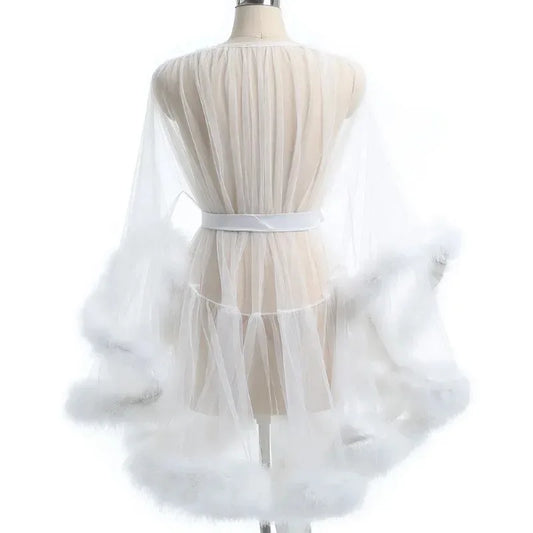 Sexy Feather Robe Large Size Seductive Mesh Perspective Sex Fur Bathrobe Passionate Waist Tightening Robe Dressing Gown Bridal